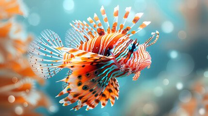 Vibrant 3D Flat Cartoon: Lionfish Close Up in Ocean   Colorful Marine Life Concept with Distinctive Spines and Vibrant Colors, Ideal for Underwater Themes