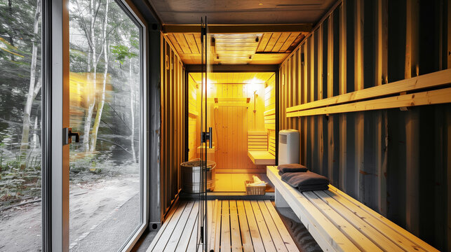 A modern sauna room inside a converted shipping container with wooden interior, glass door, bench, towels, and forest view outside the large window.