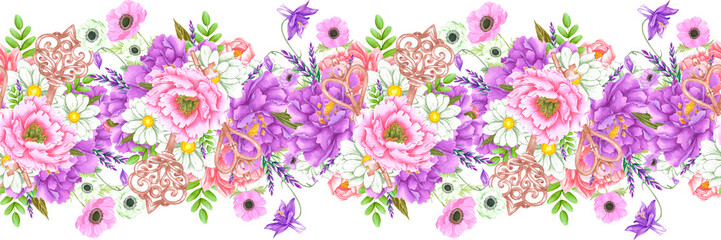 Hand drawn watercolor flowers with vintage keys seamless border isolated on white background. Can be used for gift wrapping, label and other printed products.