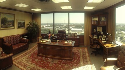 A spacious executive office with a traditional design featuring a large desk, bookshelves, leather sofas, and a panoramic city view through large windows