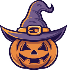 Halloween scary pumpkin in purple witches hat in