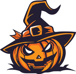 Halloween scary pumpkin in purple witches hat in