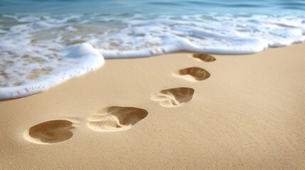 Footprints embedded in the golden sands of a beach as frothy waves gently wash ashore under the...