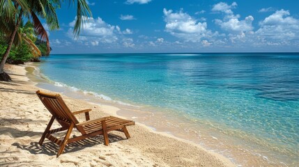 Relaxing tropical beach scene featuring a lone wooden lounger on pristine sandy shores under a clear blue sky, surrounded by lush palm trees with a tranquil azure sea in the background
