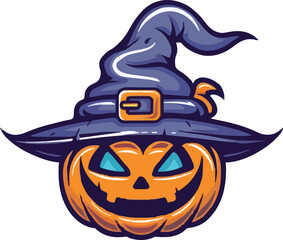 Halloween scary pumpkin in purple witches hat in