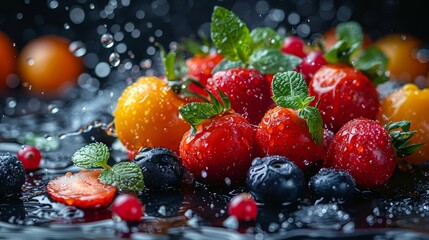 Fresh mixed berries including strawberries, blueberries, and raspberries, beautifully garnished with mint leaves and splashed with water droplets, displayed on a dark, reflective surface
