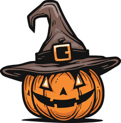 Halloween scary pumpkin in purple witches hat in