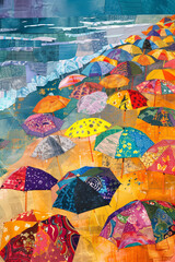 Vibrant Beach Umbrellas Scattered along the Shore Collage