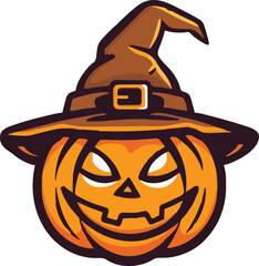 Halloween scary pumpkin in purple witches hat in