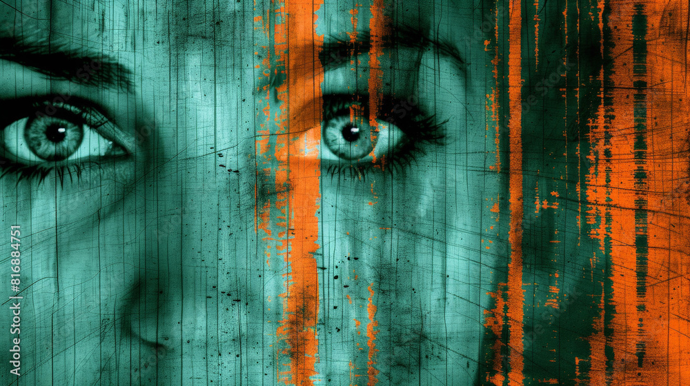 Poster a womans face is depicted with bold blue and orange stripes painted across her skin. the contrasting