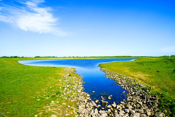 Landscape on the Bislicher Insel near Xanten in the Wesel district. Nature reserve on the floodplain landscape on the Lower Rhine.
