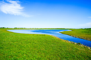 Landscape on the Bislicher Insel near Xanten in the Wesel district. Nature reserve on the floodplain landscape on the Lower Rhine.
