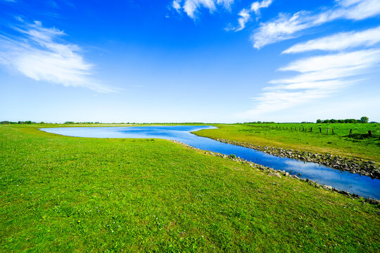 Landscape on the Bislicher Insel near Xanten in the Wesel district. Nature reserve on the floodplain landscape on the Lower Rhine.
