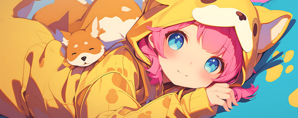 Fototapeta premium Cute cats wearing anime onesie dog costume background.