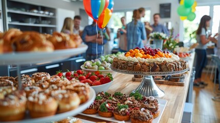 A bright and cheerful indoor party scene featuring a wide array of colorful desserts and fruits set on a table, with guests mingling in the background
