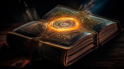 Ancient beautiful mysterious book. Magic vintage fantasy book. Open magic book aged. Ancient tomes with holographic symbols, depicting lost knowledge in a futuristic way.