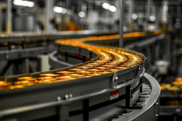 Conveyor belt with canned drinks in selective color in a modern manufacturing plant