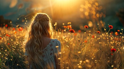 Blond girl in a field of poppies at sunset.