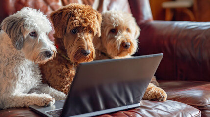 Three adorable dogs sitting closely on a leather sofa and attentively looking at a laptop screen as if they are watching something together.