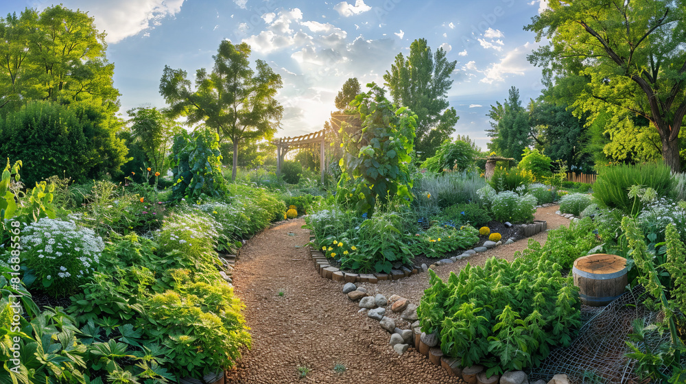 Aufkleber a garden with a winding path leading through lush greenery, with tall trees in the background provid