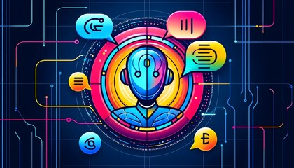 Obraz premium A colorful and dynamic illustration of an AI translating assistant, featuring speech bubbles and digital elements in a futuristic design.