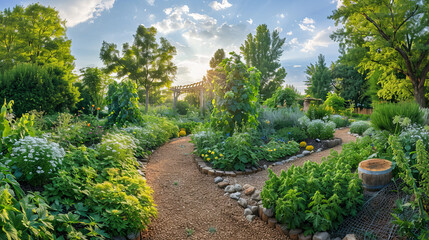 A garden with a winding path leading through lush greenery, with tall trees in the background providing shade and structure to the landscape
