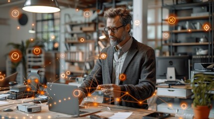 A businessman interacting with Internet of Things (IoT) devices in a modern office.