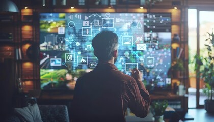 A businessman interacting with Internet of Things (IoT) devices in a modern office.
