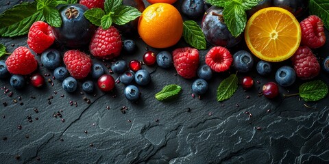 An extravagant display of fresh fruits including raspberries, blueberries, and citrus elegantly...