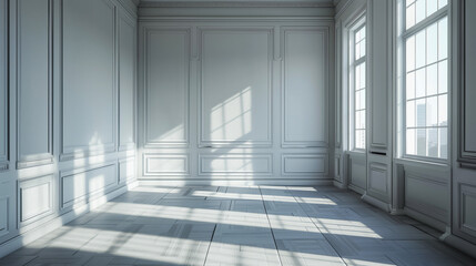 Elegant empty room with classic wall paneling and large windows casting shadows on a wooden floor.