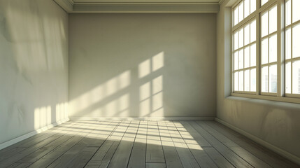 Obraz premium A bright, empty room with large windows casting sunlight and shadows on the wooden floor. The room features a minimalist design with white walls and light wooden flooring.