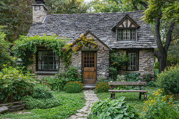 A quaint stone cottage nestled in the midst of a lush garden, showcasing a peaceful and picturesque scene