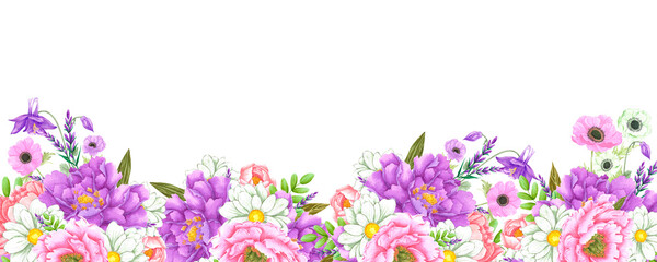 Hand drawn watercolor flowers bouquet banner frame border isolated on white background. Can be used for banner, label and other printed products.