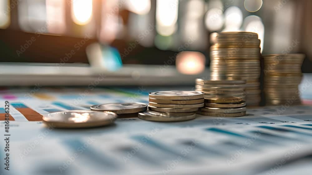 Poster a stack of coins is positioned atop a graph, symbolizing financial growth and success.