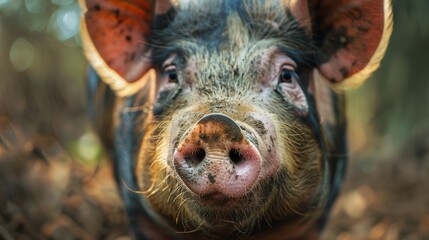 Close-up portrait of a wild boar in the forest.