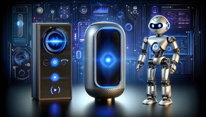 Futuristic AI interface with a floating device in a virtual environment, showcasing cutting-edge communication and data analysis.