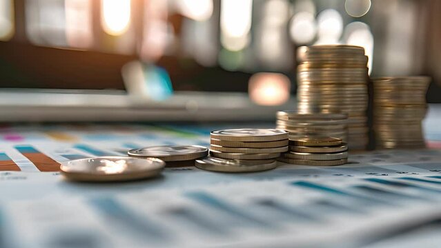 A stack of coins is positioned atop a graph, symbolizing financial growth and success.