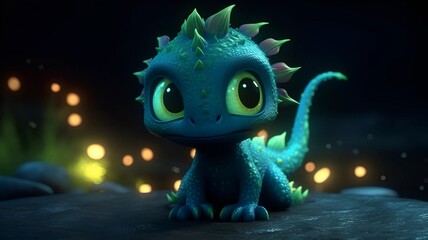 Image of a cute purple dragon. Cute dragon incubating eggs. Cute dragon on the background of the forest.