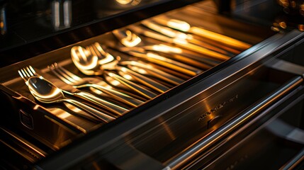 close up of cutlery in a black drawer, forks, spoons, knifes