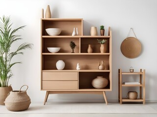 Wooden cabinet and accessories decor in living room interior on empty white wall background. Wooden shelves.