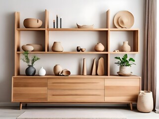 Wooden shelves. White wall. Ideas for DIY and decoration.