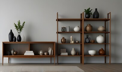 Fototapeta premium Wooden shelves. White wall. Ideas for DIY and decoration.