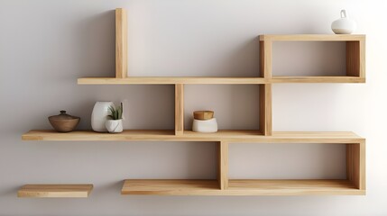 Wooden shelves. White wall. Ideas for DIY and decoration.