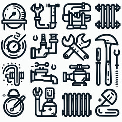 outline plumbing heating set icon silhouette vector illustration white background, plumbing, heating, ventilation, construction, renovation. Linear icon collection. Editable stroke
