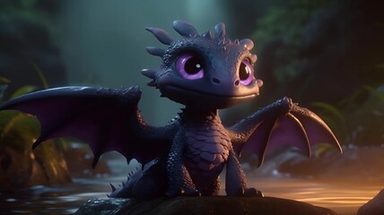 Obraz premium Image of a cute purple dragon on a purple background. Cute dragon sitting on a rock. Cute dragon on the background of the forest.