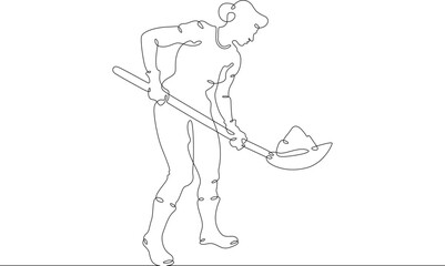 A woman in work clothes digs with a shovel. The female farmer is digging. A gardener works on the land. One continuous line. Line art. Minimum one line. White background. One line drawing.