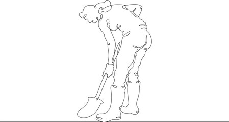 A woman in work clothes digs with a shovel. The female farmer is digging. A gardener works on the land. One continuous line. Line art. Minimum one line. White background. One line drawing.