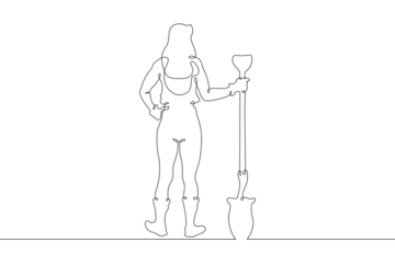 A woman in work clothes digs with a shovel. The female farmer is digging. A gardener works on the land. One continuous line. Line art. Minimum one line. White background. One line drawing.