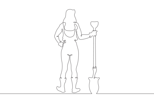 A woman in work clothes digs with a shovel. The female farmer is digging. A gardener works on the land. One continuous line. Line art. Minimum one line. White background. One line drawing.