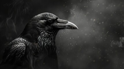 Naklejka premium Close-up of a black raven shrouded in smoke, looking spooky and horrifying.